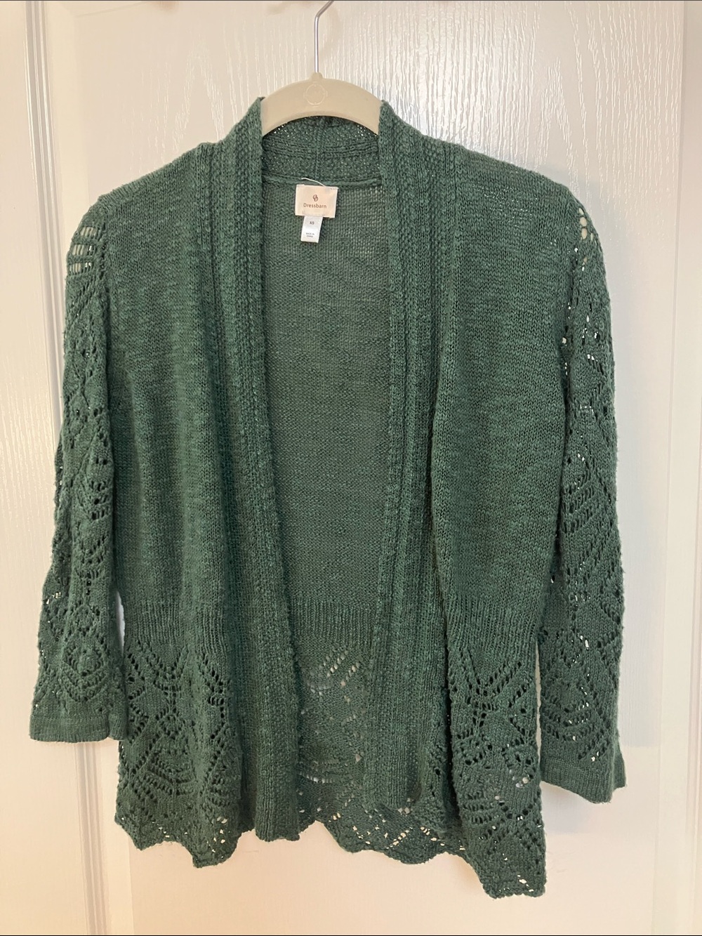 XS open shrug/cardigan, green cotton slub crochet